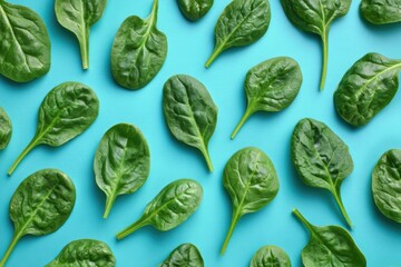 Fresh spinach leaves arranged on a blue background overhead flat lay studio shot for healthy eating and lifestyle