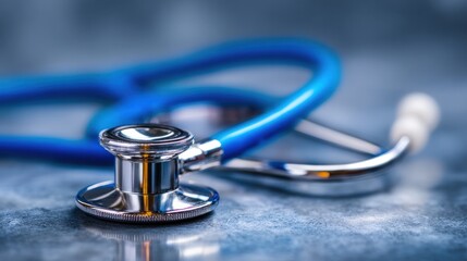 Close-up of medical stethoscope with blue tubing, chest piece angled forward, sharp reflections and clean background, ideal for hospital website headers