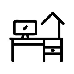 Home office remote icon. Desk with computer supporting telecommuting tasks.