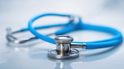 Close-up of medical stethoscope with blue tubing, chest piece angled forward, sharp reflections and clean background, ideal for hospital website headers