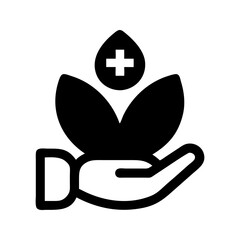 Wellness balance symbol icon. Hands with leaf promoting holistic health care.