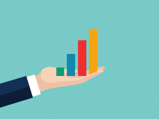  hand holds a colorful bar chart representing business growth and success on a blue background.