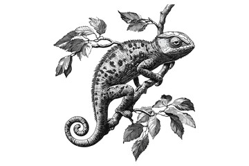 Vintage Chameleon Engraving, Retro Wildlife Illustration, Monochrome Lizard Sketch, Trendy Reptile Etching, Old Style Black Sketch, Colorful Creature Illustration, Nature Art