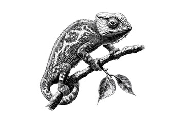 Vintage Chameleon Engraving, Lizard Hand-drawn Illustration, Retro Wildlife Sketch, Monochrome Etching, Trendy Reptile Art, Colorful Creature, Tree Climbing Creature