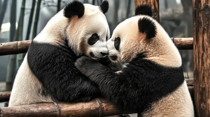 Two pandas playfully interacting in an animal park in China, one climbing on a wooden fence while the other rests its head against it, surrounded by bamboo trees.