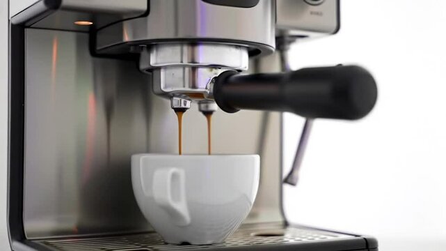 Silver Espresso Machine Dispensing Dark Brown Coffee into White Ceramic Cup with Clean White Background Perfect for Decoration Near Eye Level
