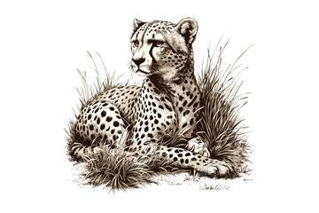 Cheetah in Grass Vintage Engraving, Monochrome Wild Cat Etching, Hand-drawn Line Art, Retro Safari Style, Nature Fauna Illustration, Black Ink Sketch, wall decor, antique animal print,