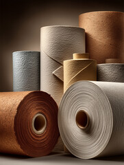 Close-up of large paper rolls stacked in a warehouse, representing paper production, manufacturing, and industrial storage