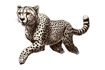 Wild Cheetah Etching in Motion, Vintage Safari Animal Illustration, Black Line Art Drawing, Nature Sketch in Monochrome, Old Engraving Style Fauna Print, wildlife ink artwork