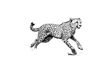 Rustic Cheetah Sketch, Vintage Wild Animal Illustration, Monochrome Safari Etching, Old Engraving Art Style, Hand-drawn Line Artwork, black wild cat illustration
