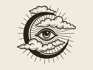 crescent moon with eye engraving vector illustration