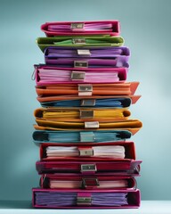 Stack of colorful ring binders holding documents on blue background high angle studio shot organization concept