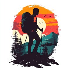 Silhouette illustration of a hiker in a mountainous landscape.