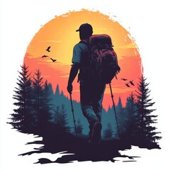 Silhouette of a hiker enjoying a scenic sunset landscape.