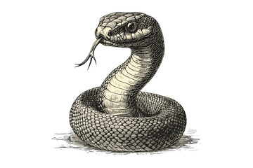 Antique Snake Illustration, Cobra Engraving in Vintage Etching Style, Monochrome Wildlife Sketch, Retro Hand-drawn Nature Art, detailed serpent drawing, rustic reptile artwork