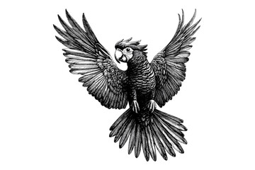 Vintage Cockatoo Illustration, Hand-drawn Tropical Bird, Black Sketch, Monochrome Etching, Trendy Wildlife Art, Exotic Bird Engraving, Old Vintage Style, Tropical Illustration