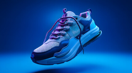 Elevated Footwear: A dynamic studio shot captures a sleek athletic shoe, rendered in a mesmerizing blue hue, accentuating its modern design.