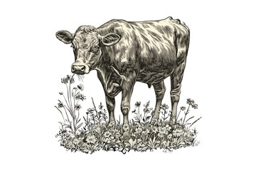 Cow Sniffing Grass in Vintage Etching Style, Hand-Drawn Monochrome Farm Animal, Old Sketch Drawing for Rustic Decor, Traditional Country Illustration, farmhouse wall print