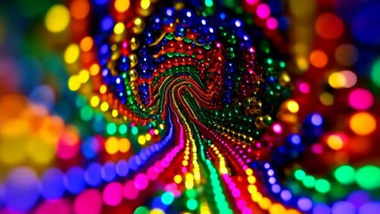 Vibrant and colorful abstract design featuring spiral paths of shining beads, with swirling psychedelic motion creating eye-catching visual interest.