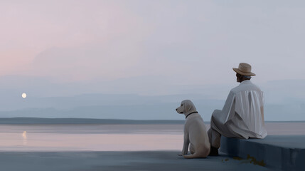 Elderly man and dog enjoying a pastel sunset on the pier