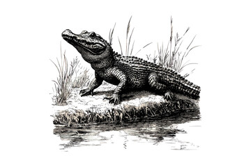 Engraving of Crocodile on Riverbank, Monochrome Reptile Line Drawing, Rustic Nature Fauna Print, Vintage Wildlife Etching, Black sketch, Hand-drawn Animal Illustration