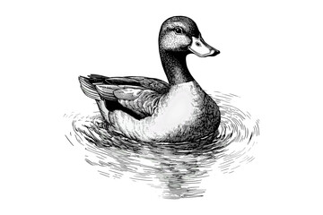 Monochrome Animal Etching, Engraving of Duck in Water, Detailed Wildlife Line Art, Vintage Bird Illustration, Rustic Nature Drawing, Ornithological Print, old engraving style, trendy ar