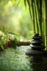 Stacked Zen Stones in Water with Bamboo Background Serene Spa Scene Close Up Low Angle Shot