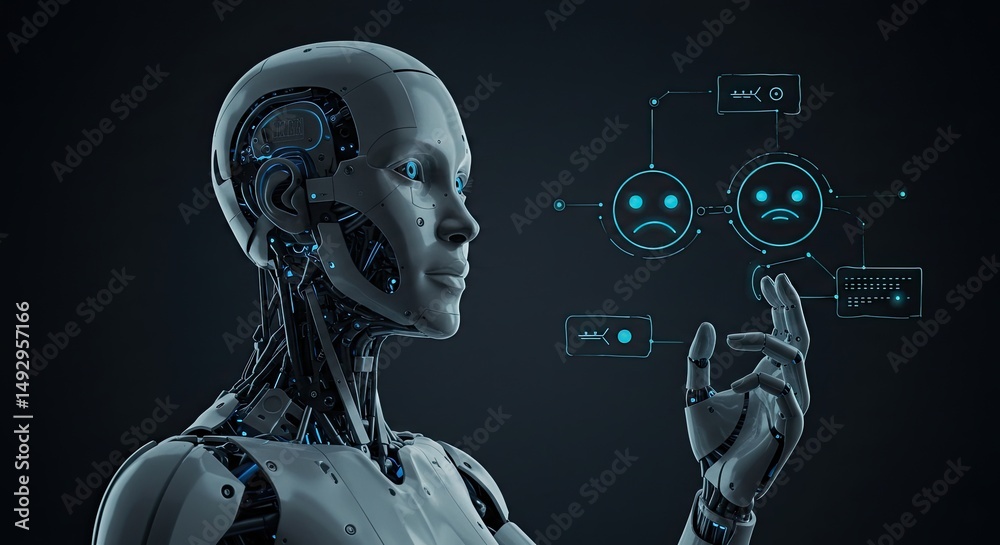 Poster Futuristic robot analyzing emotions with digital interface on a dark background