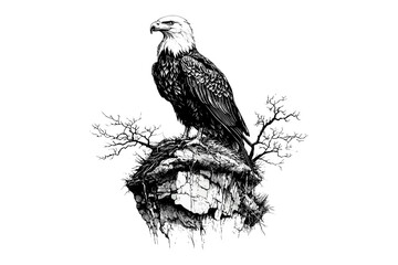 Vintage Wildlife Etching, Hand-drawn Eagle Nesting, Rustic Nature Bird Artwork, Monochrome Fauna Illustration, Ornithology Line Art, Black Sketch, Trendy Vintage Style