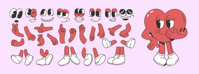 Cartoon heart character set with various facial expressions, hands, and legs in a playful comic style on a pastel background. Vector illustration