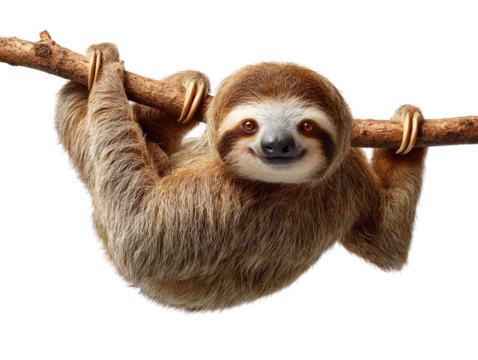 Smiling Sloth on Branch: A three-toed sloth with a contented expression hangs from a tree branch, showcasing its unique charm and relaxed demeanor.