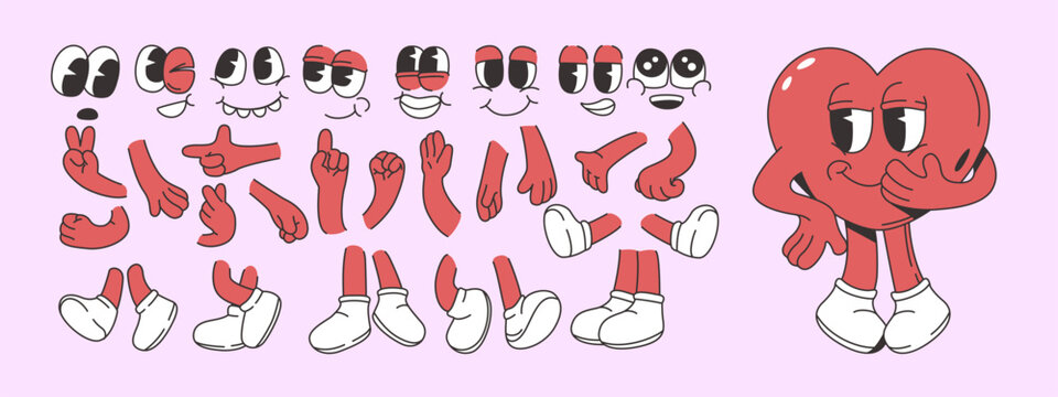 Cartoon heart character set with various facial expressions, hands, and legs in a playful comic style on a pastel background. Vector illustration