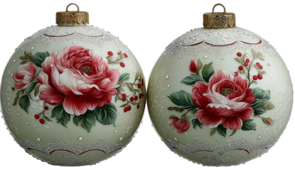 Elegant hand painted christmas ornaments with vintage rose design on sage green glass baubles featuring intricate white lace detailing and gold caps. 