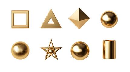 Gold shapes geometric design render square triangle star sphere cylinder luxury elegant art deco style on transparent background
