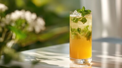Fresh Crisp Mint Cocktail with Ice Garnished in a Tall Glass under Natural Light
