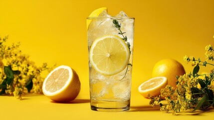 Refreshing Lemon Drink with Ice and Fresh Herbs on Vibrant Yellow Background