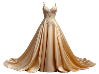 Golden Dream: Luxurious evening dress with a flowing skirt and delicate lace on the bodice.