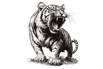Vintage Tiger Roaring Engraving, Rustic Fauna Drawing, Monochrome Wild Cat Line Art, Detailed Nature Illustration, Antique Animal Print, Retro Wildlife Etching, Old School Animal Art