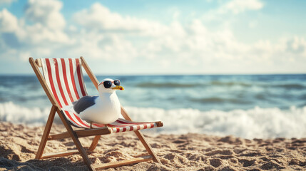 Seagull wearing sunglasses on the beach with blue sky and ocean in the background