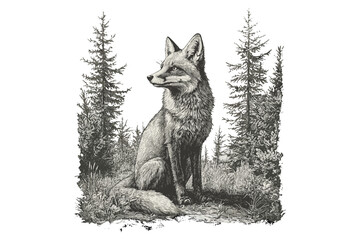 Fox Sitting in Forest, Vintage Line Art, Rustic Wildlife Illustration, Monochrome Engraving, Old Etching Style, Nature Fauna Sketch, interior wall decor, woodland art print