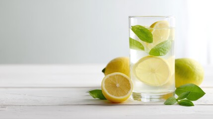 Fototapeta premium Refreshing Glass of Lemon Water with Fresh Lemons and Green Leaves on Wooden Table