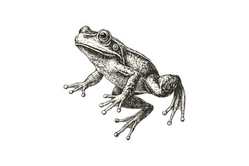Old Engraving Style Frog Art, Hand-drawn Amphibian Sketch, Monochrome Nature Fauna, Vintage Wildlife Print, Rustic Line Drawing, Black and White Illustration