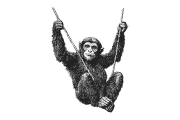 Vintage Gibbon Illustration, Swinging Primate in Black Sketch, Hand-drawn Wildlife Print, Jungle Theme Art, Retro Engraving Style, tropical animal decor, forest wall poster