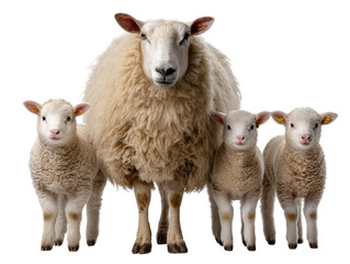 Obraz premium Family portrait of Sheep: A heartwarming portrait of a fluffy sheep family, featuring a protective mother sheep standing proudly with her three adorable lambs, representing the beauty of family bond.