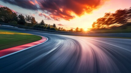 Naklejka premium Dramatic sunset over a race track curve with motion blur effect.