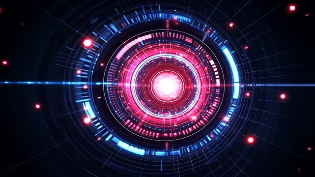 Futuristic circles of blue and red glow in a dark abyss