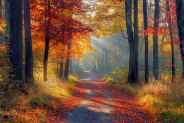 Fototapeta premium Autumn forest path with colorful foliage and sunlight for seasonal backgrounds, nature photography, and scenic wallpapers