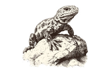 Hand-drawn Wildlife Sketch, Engraving of Gila Monster on Rock, Vintage Reptile Illustration, Retro Etching, Desert Creature, Antique Black Sketch, Trendy Wildlife Art