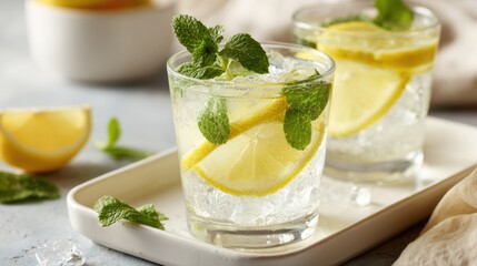 Fototapeta premium Refreshing Mint Lemonade Drink with Slices of Lemon and Fresh Mint Garnish on Light Background
