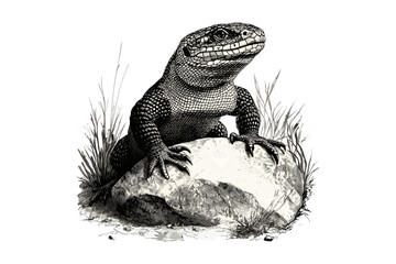 Engraving of Gila Monster on Rock, Retro Etching, Hand-drawn Wildlife Sketch, Antique Style Black Sketch, Vintage Reptile Illustration, Desert Creature